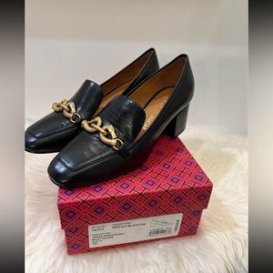 Tory Burch Black Leather Chain Detail Block Heel Pumps